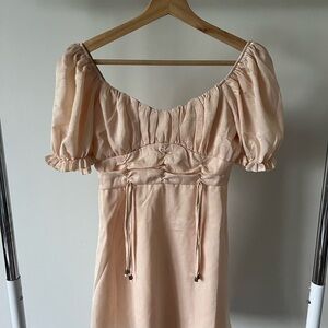 Tan Ruched Tie Front Mini Sundress